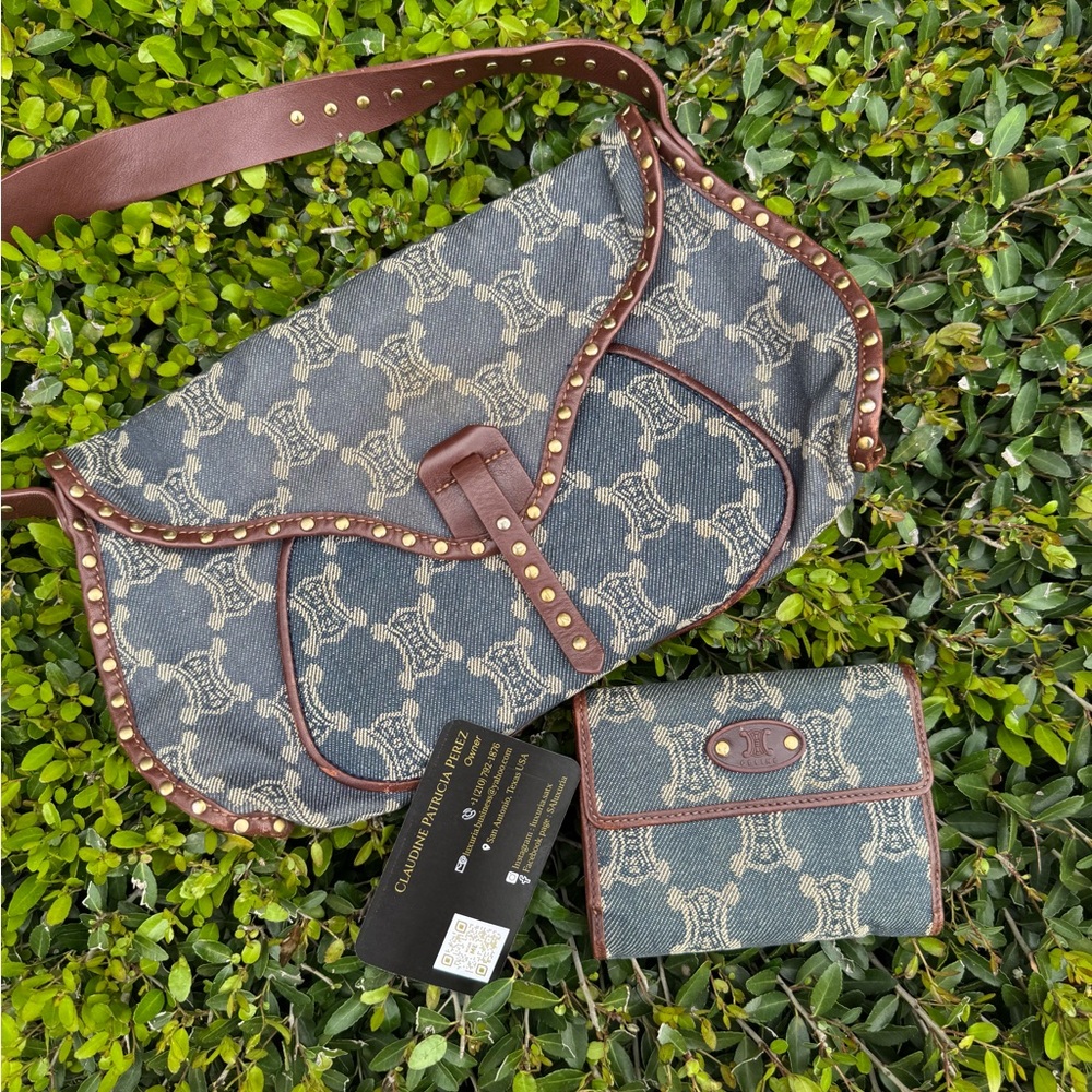 Celine Stylish Blue and Brown Shoulder Bag with Matching Wallet